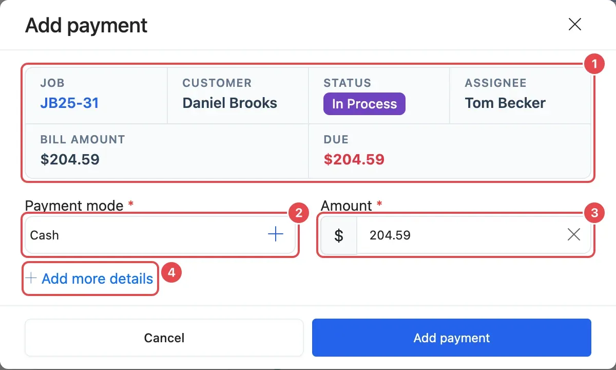 The Add payment window: the amount due at the top (1), Payment mode (2), Amount (3) and Add more details (4)