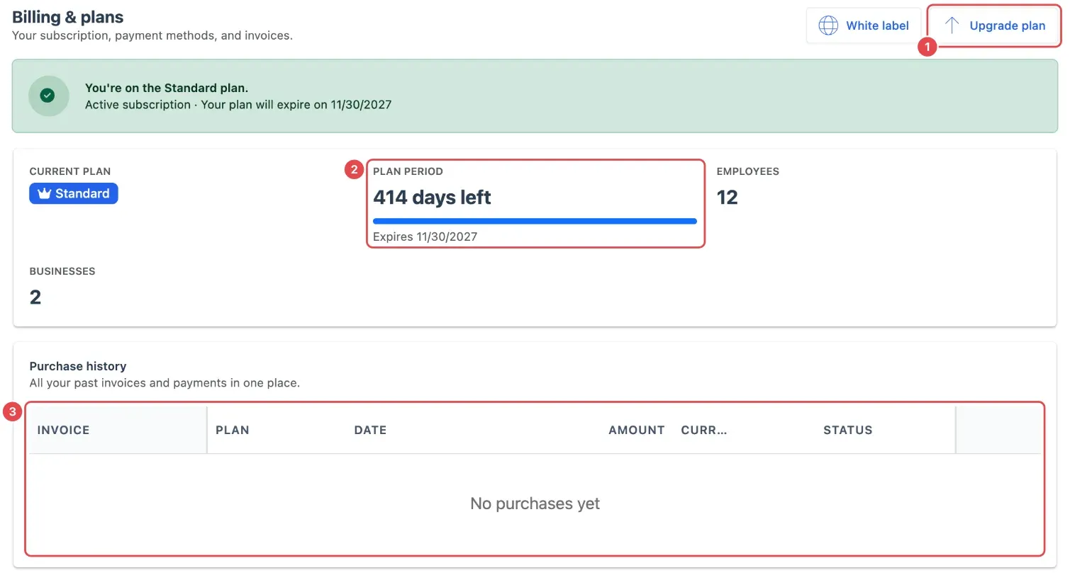Billing & plans: Upgrade plan at the top right (1), the Plan period with days left and the expiry date (2), and the Purchase history list (3), empty here; each past invoice gets its own print and download buttons.