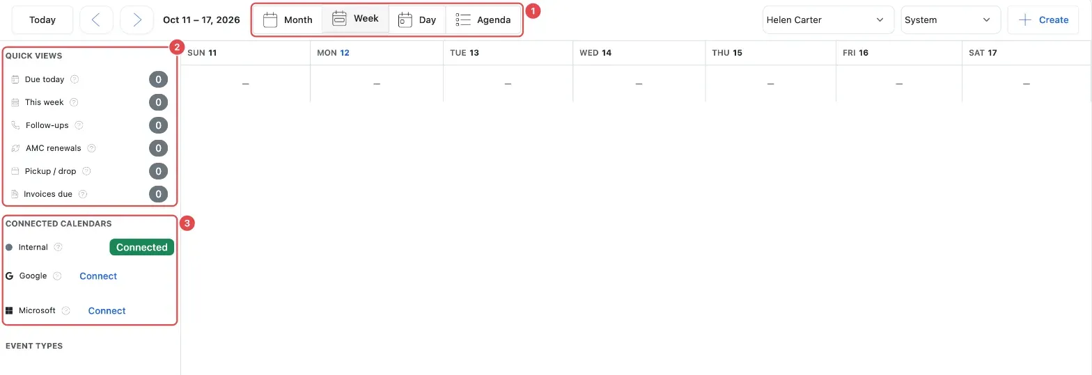 The Calendar in week view: the Month / Week / Day / Agenda switch (1), the Quick views (2) and the Connected calendars list (3)