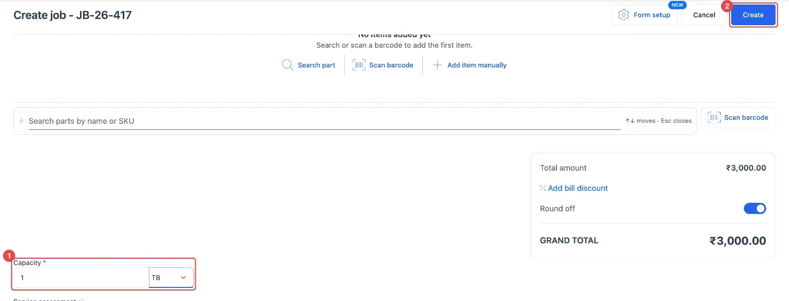 A new recovery job form with the Capacity box and unit (1) and the Create button (2)