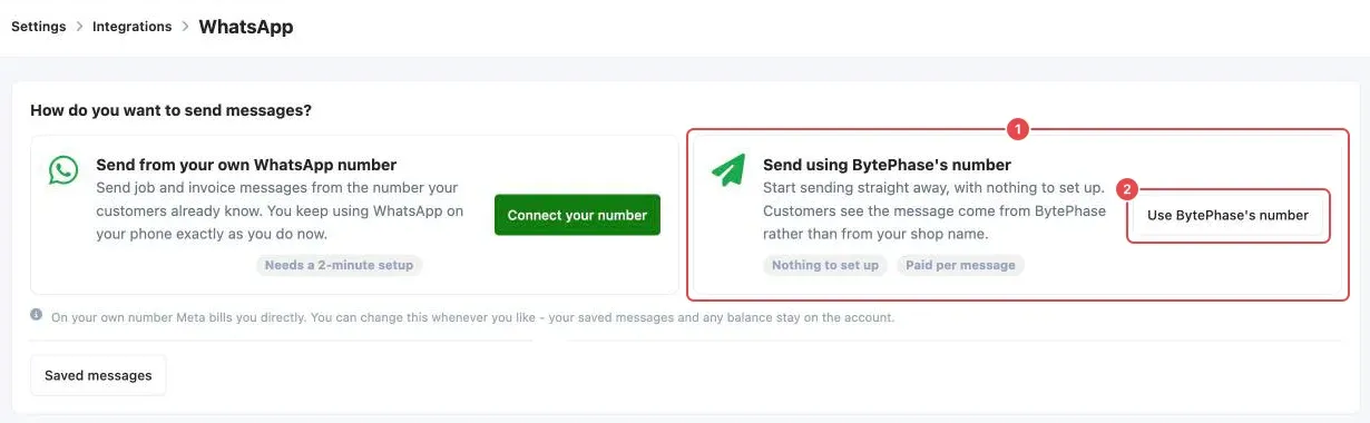 How do you want to send messages? Send using BytePhase's number (1) and its Use BytePhase's number button (2)