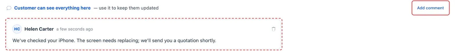 The Comments tab with a comment to the customer and the Add comment button