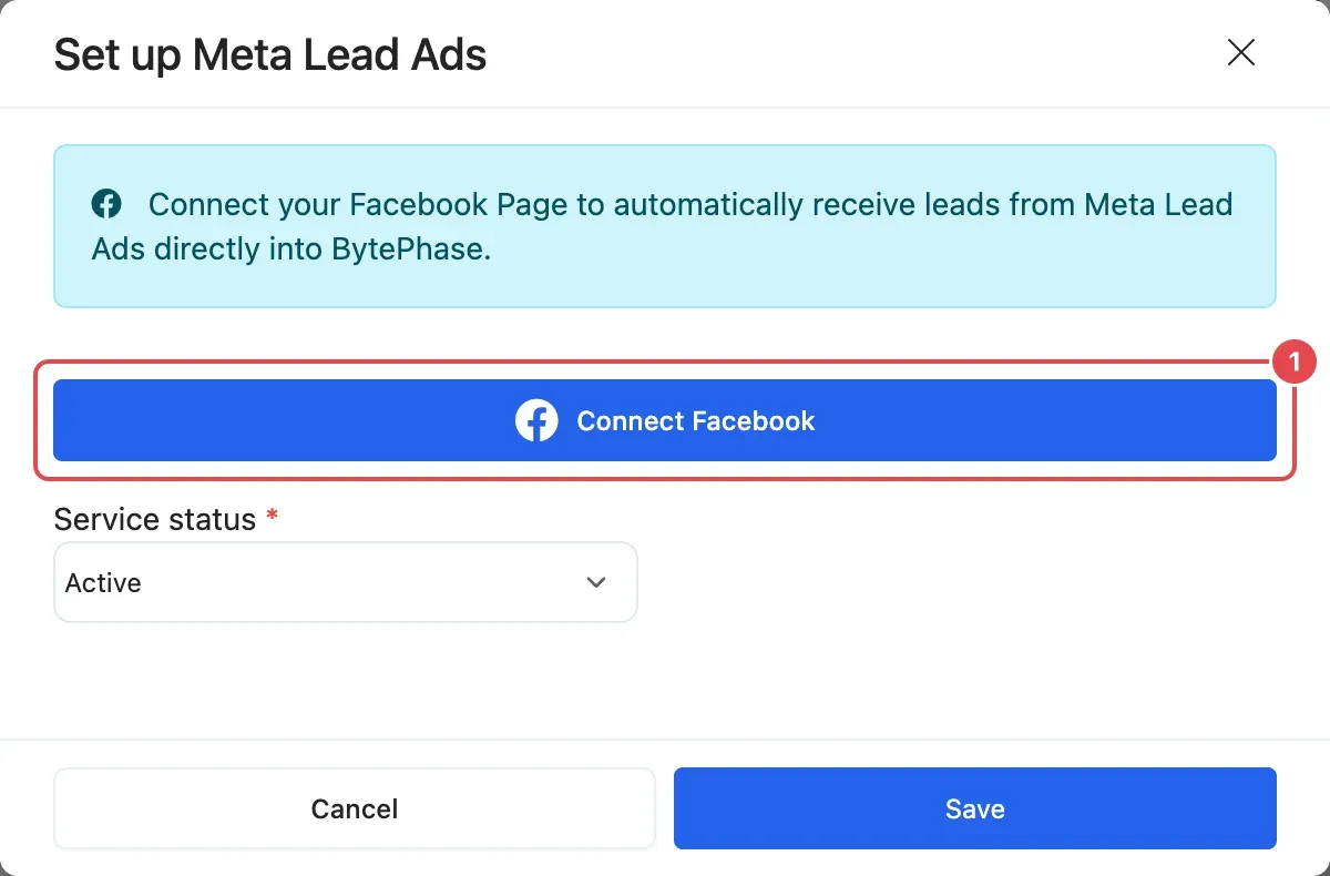 The Set up Meta Lead Ads window with the Connect Facebook button (1)