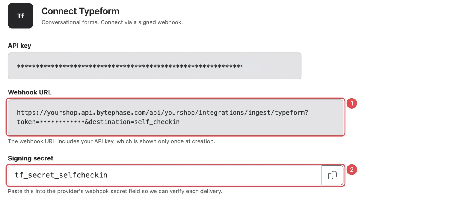 The Connect step for Typeform showing the Webhook URL (1) and the Signing secret (2)