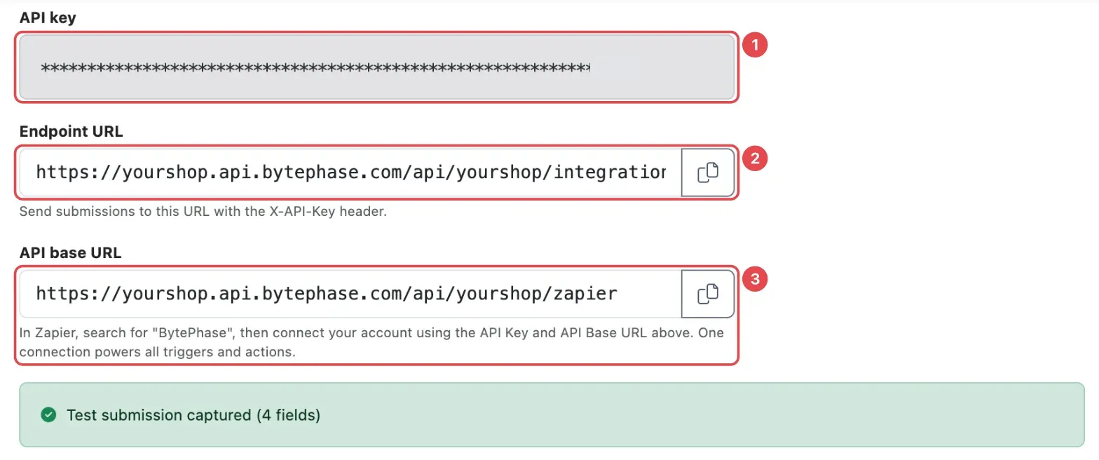 The Connect step for Zapier showing the API key (1), Endpoint URL (2) and API base URL (3)