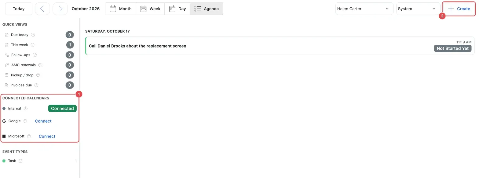 The Calendar page with the Connected calendars list (1), here with Google and Microsoft not connected yet, and the Create button (2)
