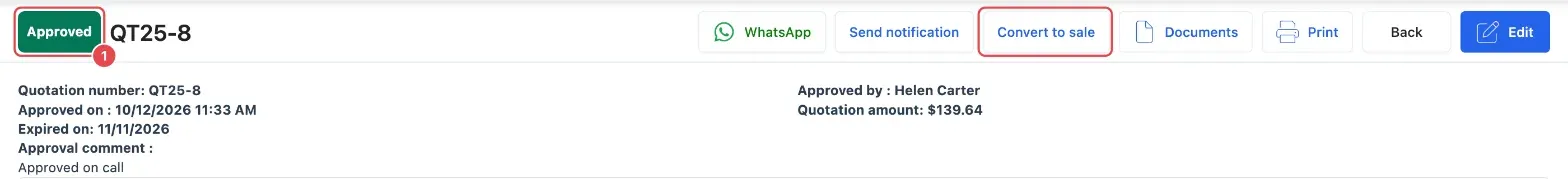 An approved parts-only quotation: the Approved badge (1) and the Convert to sale button at the top