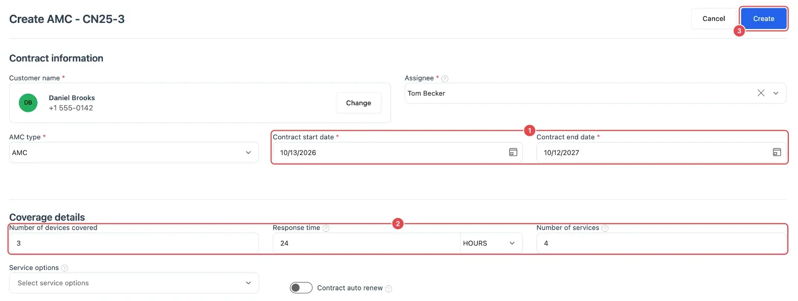 The Create AMC page filled in for a one-year contract: Contract start date and Contract end date (1), Number of devices covered, Response time and Number of services (2), and Create (3)