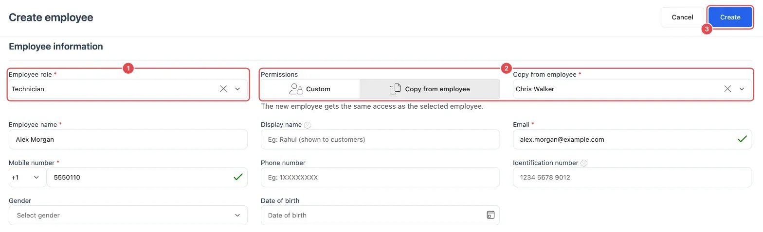 The Create employee page: Employee role (1), Permissions set to Copy from employee with an employee picked (2), and Create (3)