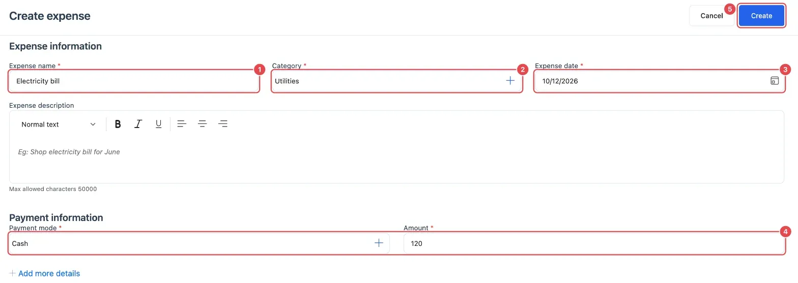 The Create expense page with the name (1), category (2), date (3), payment mode and amount (4), and Create (5)