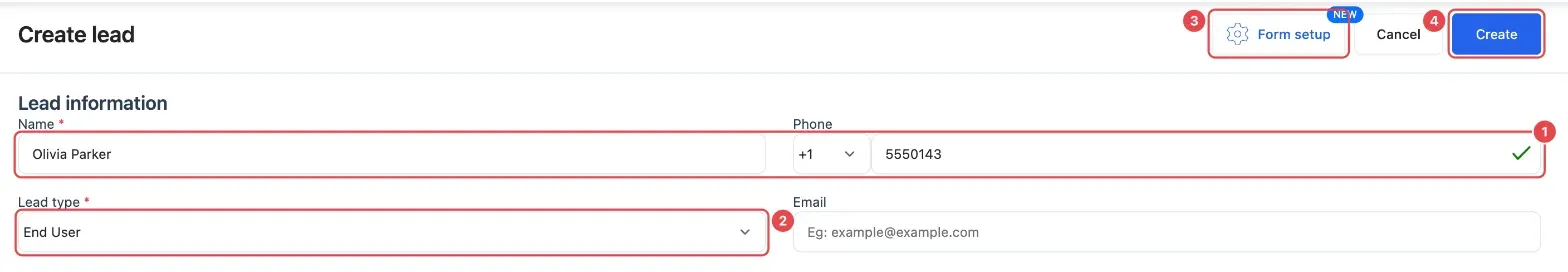 The Create lead page: Name and Phone (1), Lead type (2), Form setup (3) and Create (4)