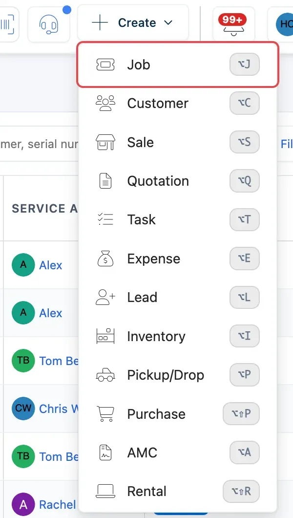 The Create menu at the top of the screen, open, with Job highlighted