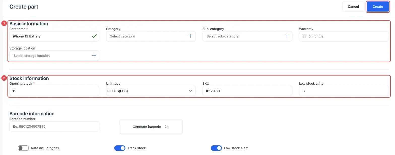 The Create part page with Basic information (1), Stock information (2) and the Create button. Price information is further down.