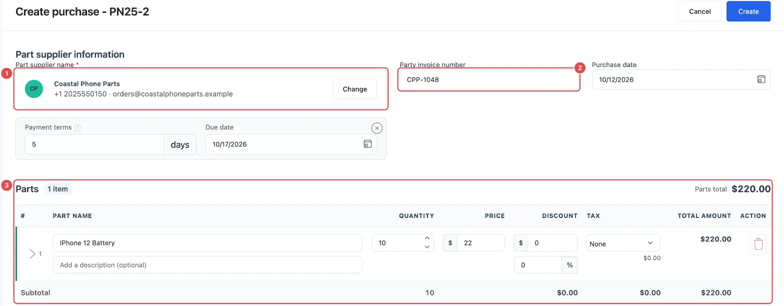 The Create purchase page: Part supplier name (1), Party invoice number (2) and the Parts list with one part added (3)