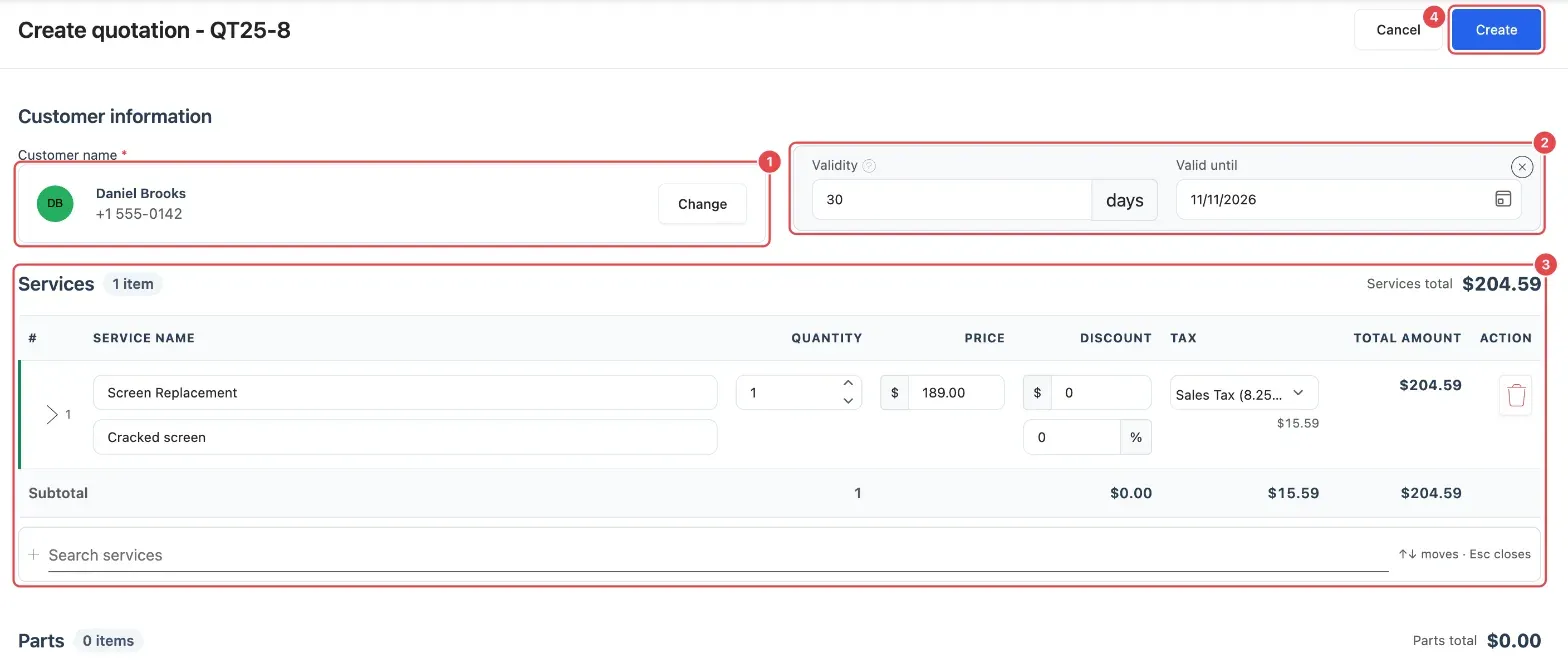 The Create quotation page: Customer name (1), Validity and Valid until (2), the Services section (3) and Create (4)