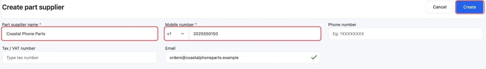 The Create part supplier page with the supplier's name and mobile number filled in