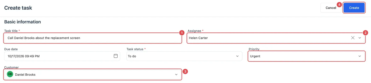 The Create task page: Task title (1), Assignee (2) with Priority also outlined, Customer (3) and Create (4)