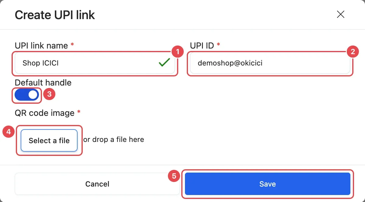 The Create UPI link window with the name (1), UPI id (2), Default handle switch (3), QR code image (4) and Save (5)