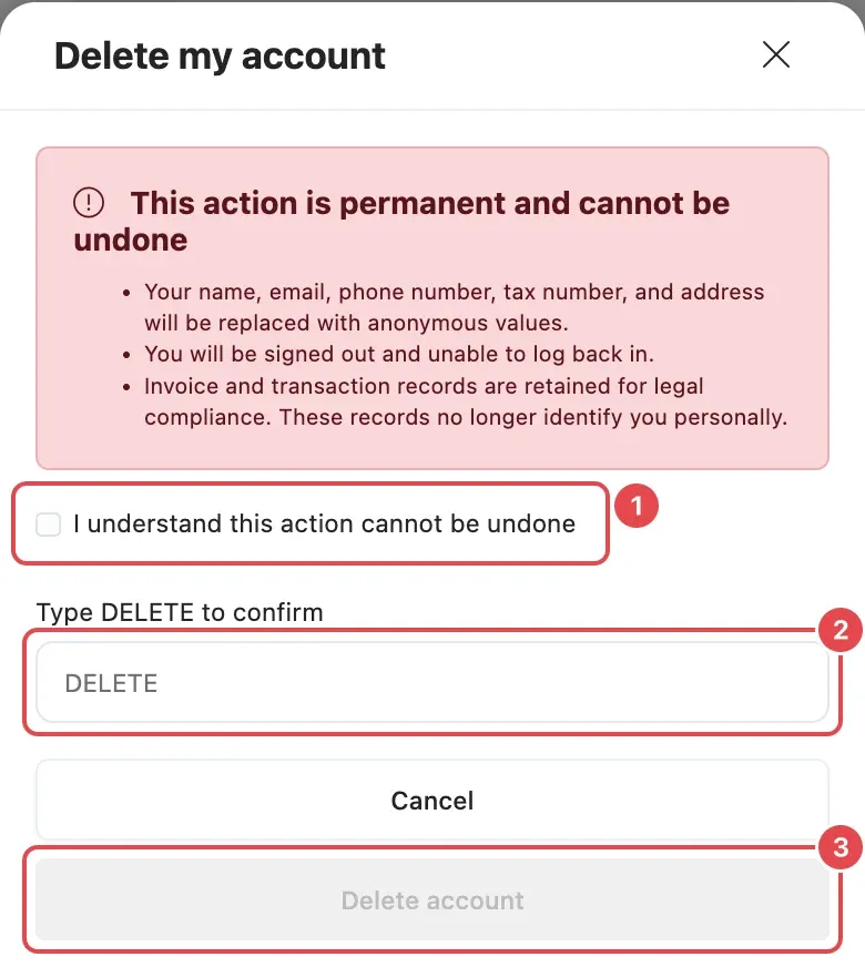 The Delete my account window with the I understand tick box (1), the Type DELETE to confirm box (2) and Delete account (3)