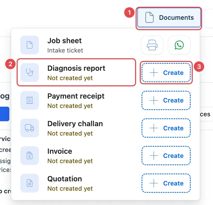 The Documents button on a job (1), open, with the Diagnosis report row (2) and its Create button (3)