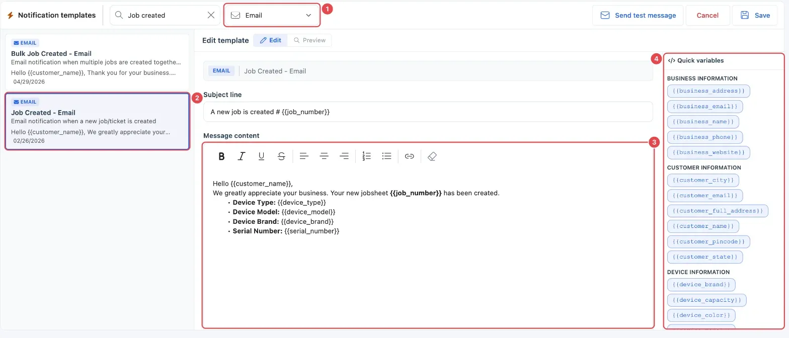 Notification templates with the Email type picked (1), a template card selected (2), the message being edited (3) and the Quick variables list (4)