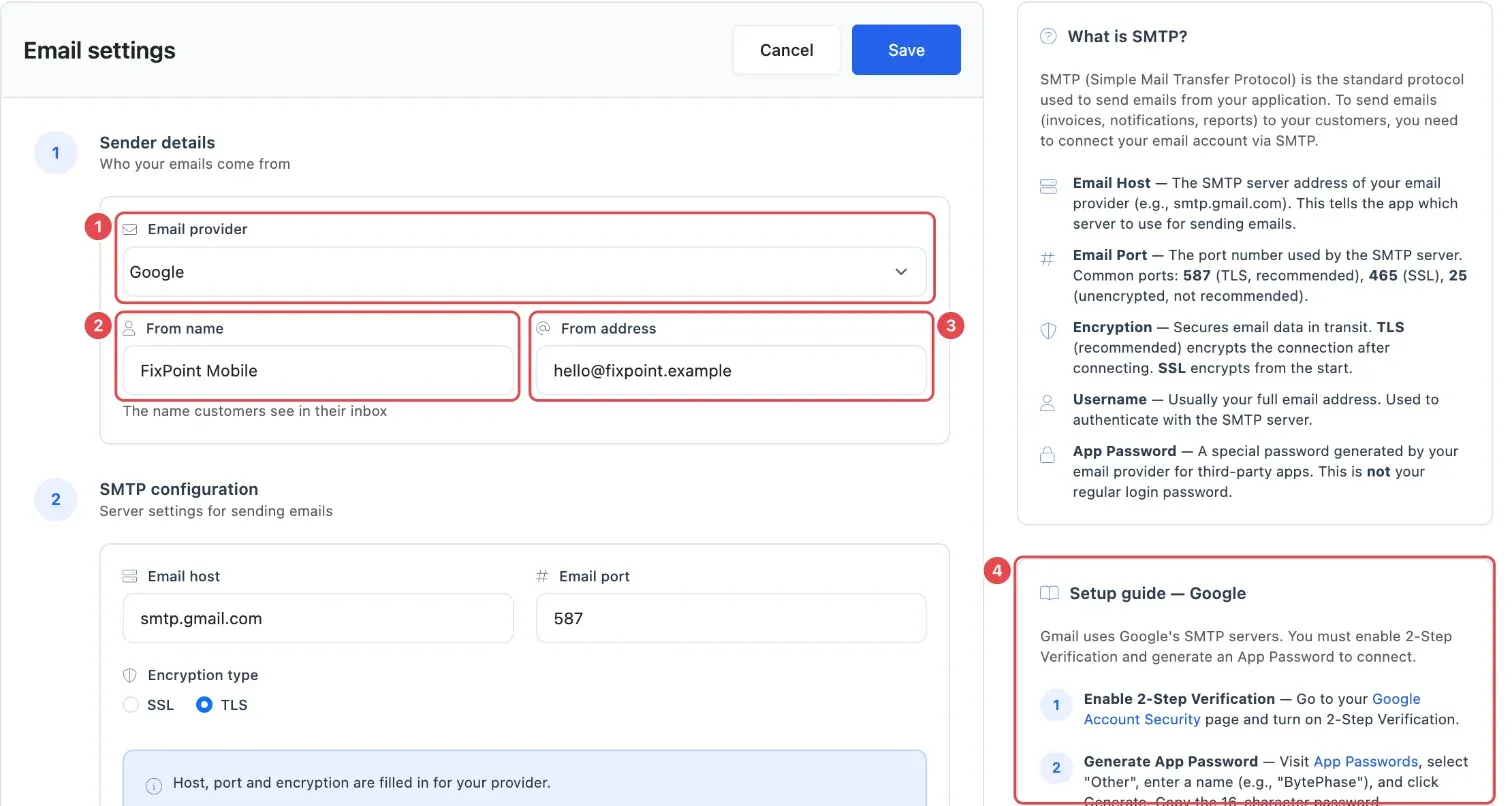 Email settings being filled in: Email provider (1), From name (2), From address (3) and the setup guide for the provider (4)