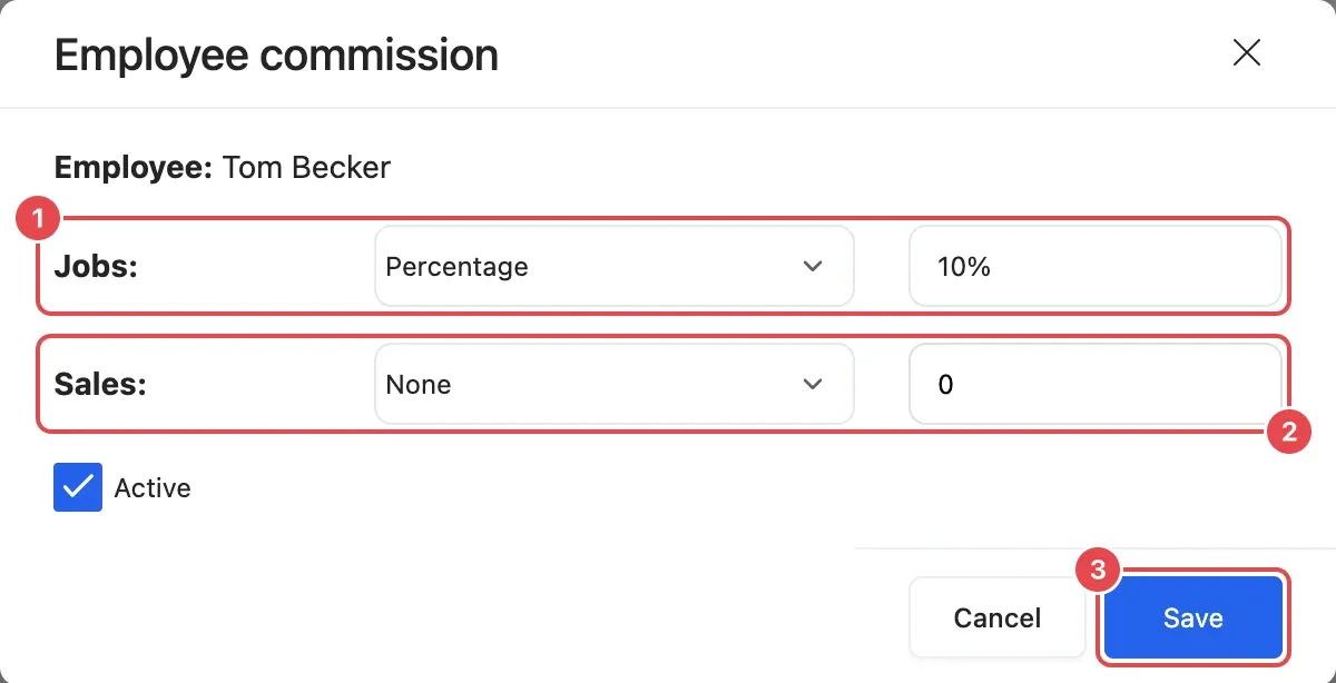 The Employee commission window: Jobs set to Percentage 10% (1), Sales set to None (2), and Save (3)