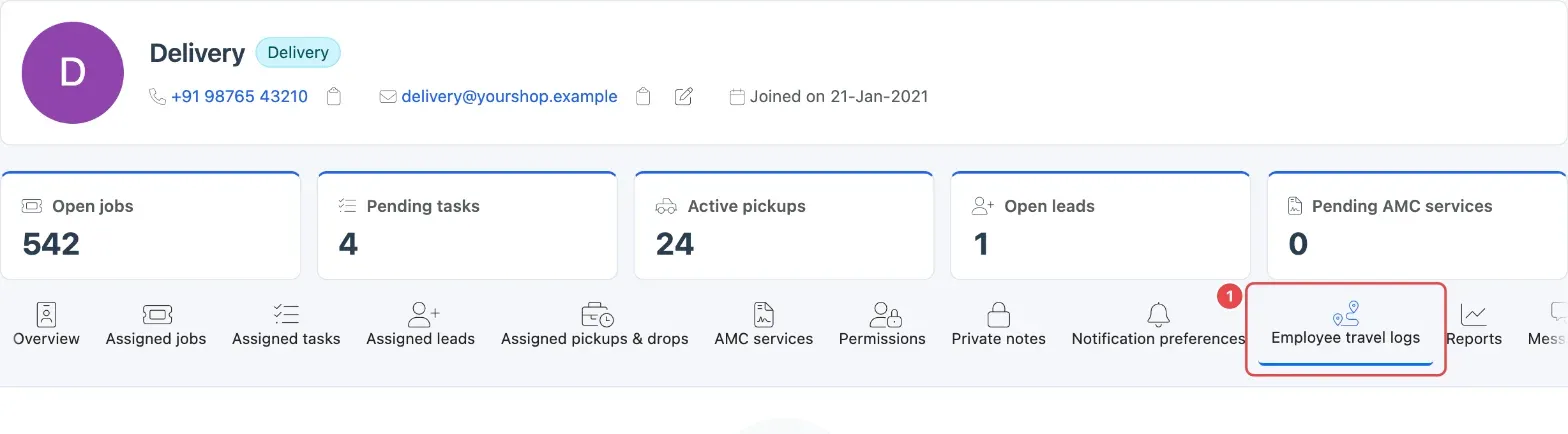An employee's page with the Employee travel logs tab (1)