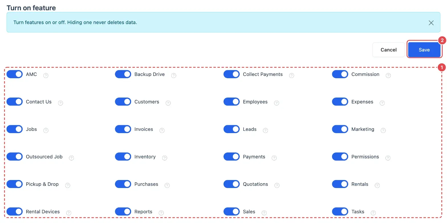 The Features page ready to edit, with the feature switches (1) and the Save button (2)
