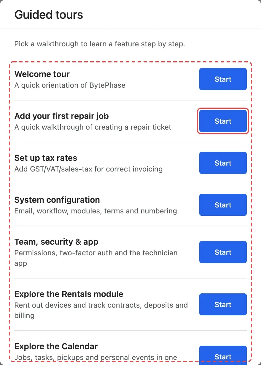 The Guided tours window listing the tours, with the Start button for Add your first repair job highlighted