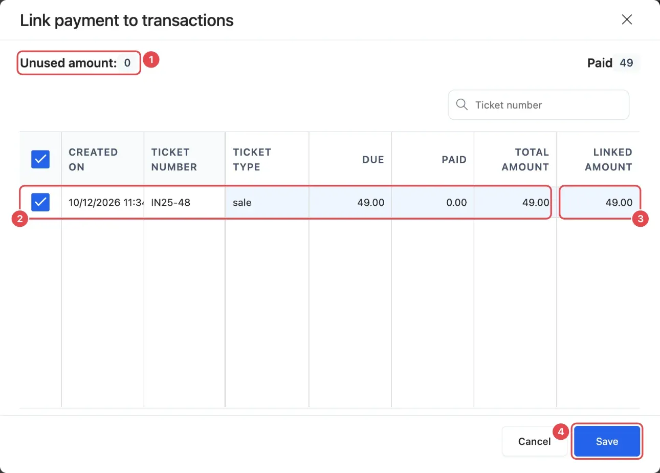 The Link payment to transactions window: Unused amount (1), a ticked bill (2), the Linked amount column (3) and Save (4)
