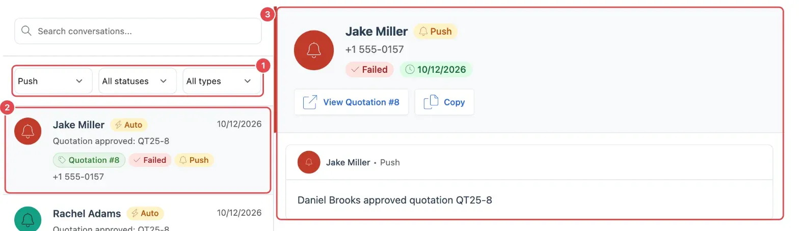 Message logs: the message type and status filters (1), a message in the list (2) and the opened message with its status, here Failed (3). Pick SMS in the type filter to see SMS