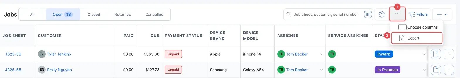 The jobs list with More options open (1) and Export in the menu (2)