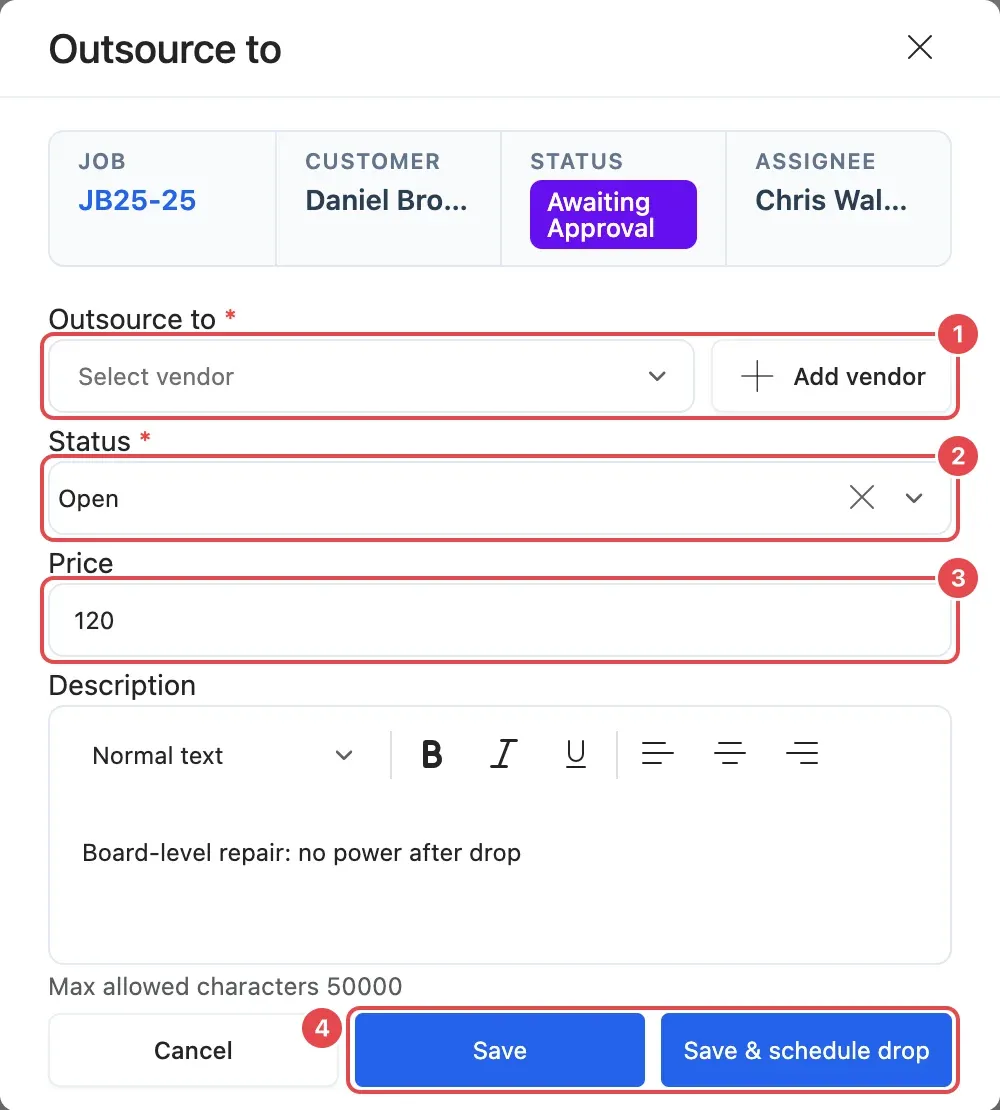 The Outsource to window: pick a vendor or click Add vendor (1), Status (2), Price (3), Description and the Save buttons (4)