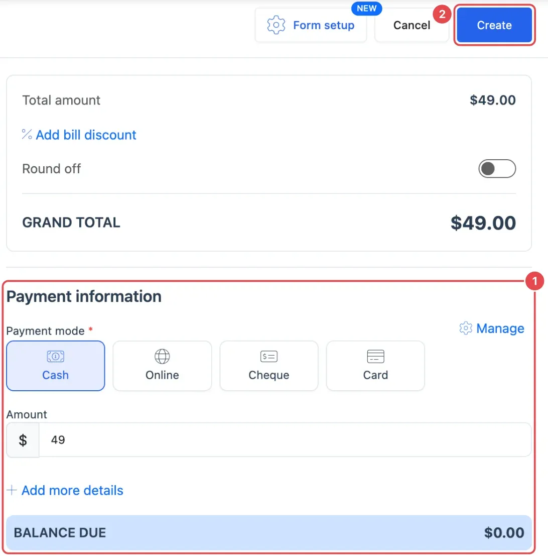 The bottom of the Create sale screen: Payment information with Payment mode, Amount and Balance due (1), and Create at the top (2)