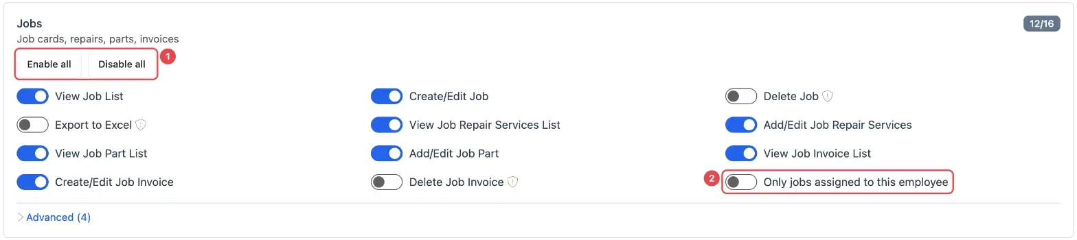 The Jobs area of an employee's Permissions in edit mode: Enable all and Disable all (1) and the Only jobs assigned to this employee switch (2)