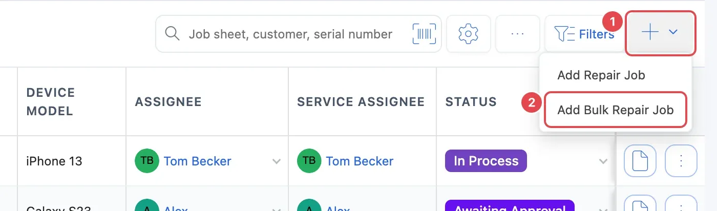 The + button on the Jobs list (1), open, with Add Bulk Repair Job (2)