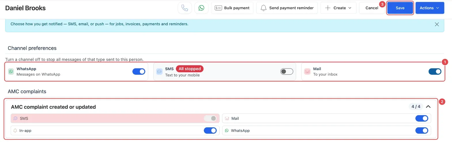 Daniel Brooks's Notification preferences in edit mode: the Channel preferences switches with SMS showing All stopped (1), one message opened to show its four switches (2), and Save (3)