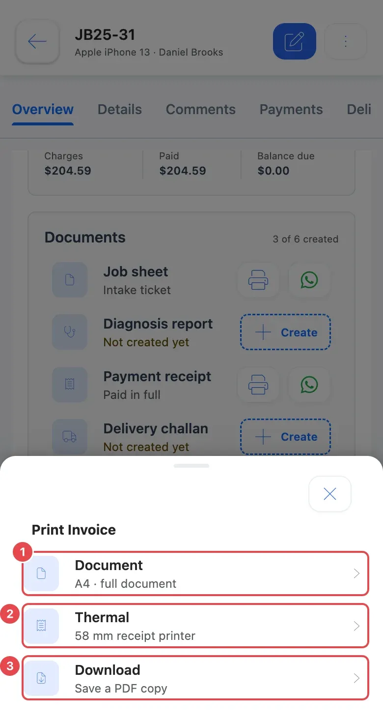 The Print Invoice menu in a phone browser: Document (1), Thermal (2) and Download (3). In the Android and iPhone app, Share is listed too.