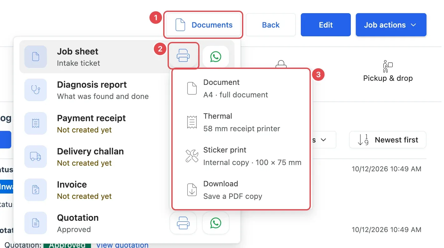 The Documents list on a job with the print menu open for the job sheet: Documents button (1), print icon (2), print choices (3)