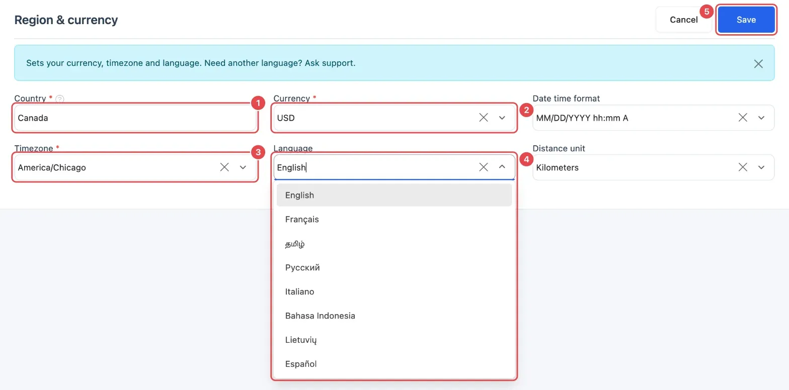 Region & currency in edit mode: Country (1), Currency (2), Timezone (3), the Language list (4) and Save (5)