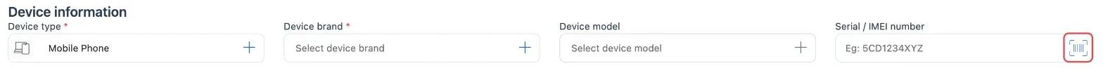 The Device information section with the barcode icon in the Serial / IMEI number box highlighted