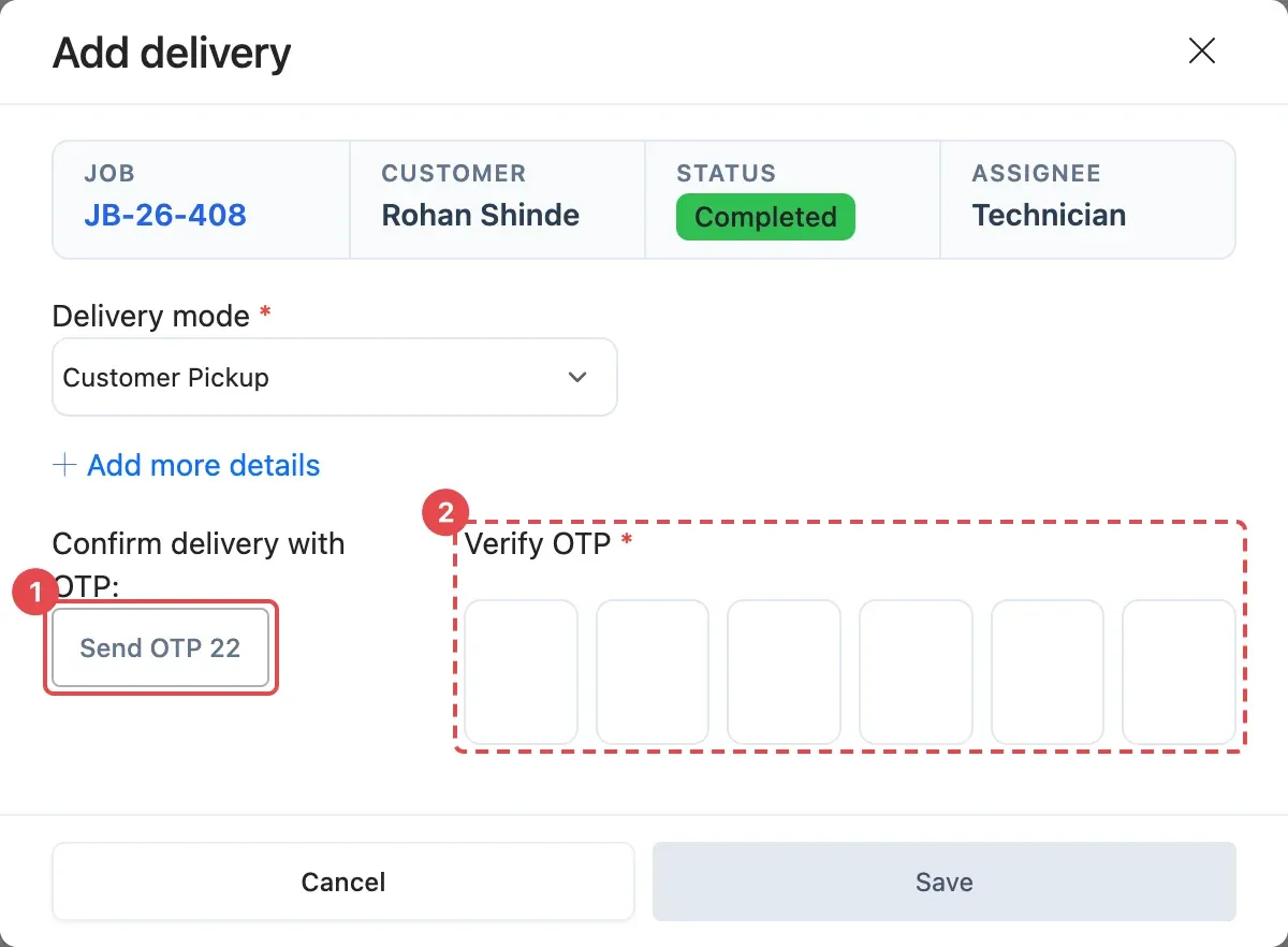 The Add delivery window after sending the code: Send OTP with its countdown (1) and the Verify OTP boxes (2)