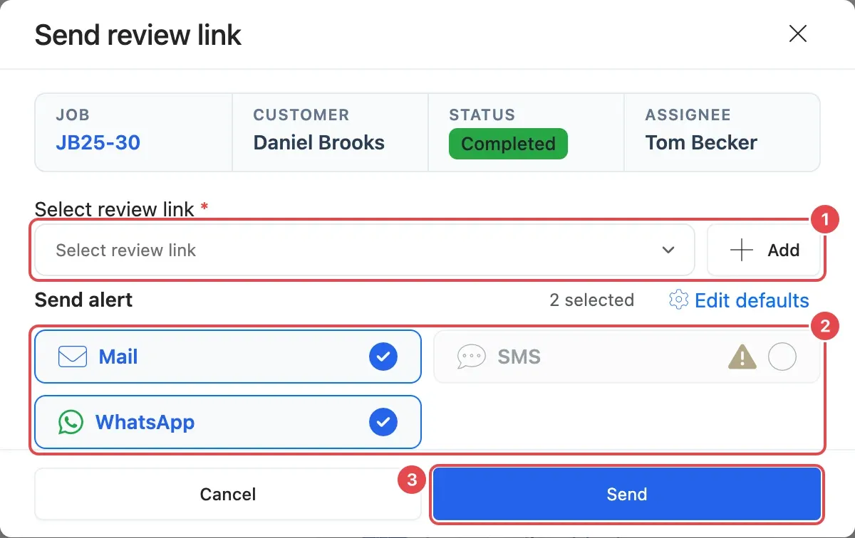 The Send review link window: Select review link with its Add button (1), the ways to send it with Mail and WhatsApp ticked (2), and Send (3)