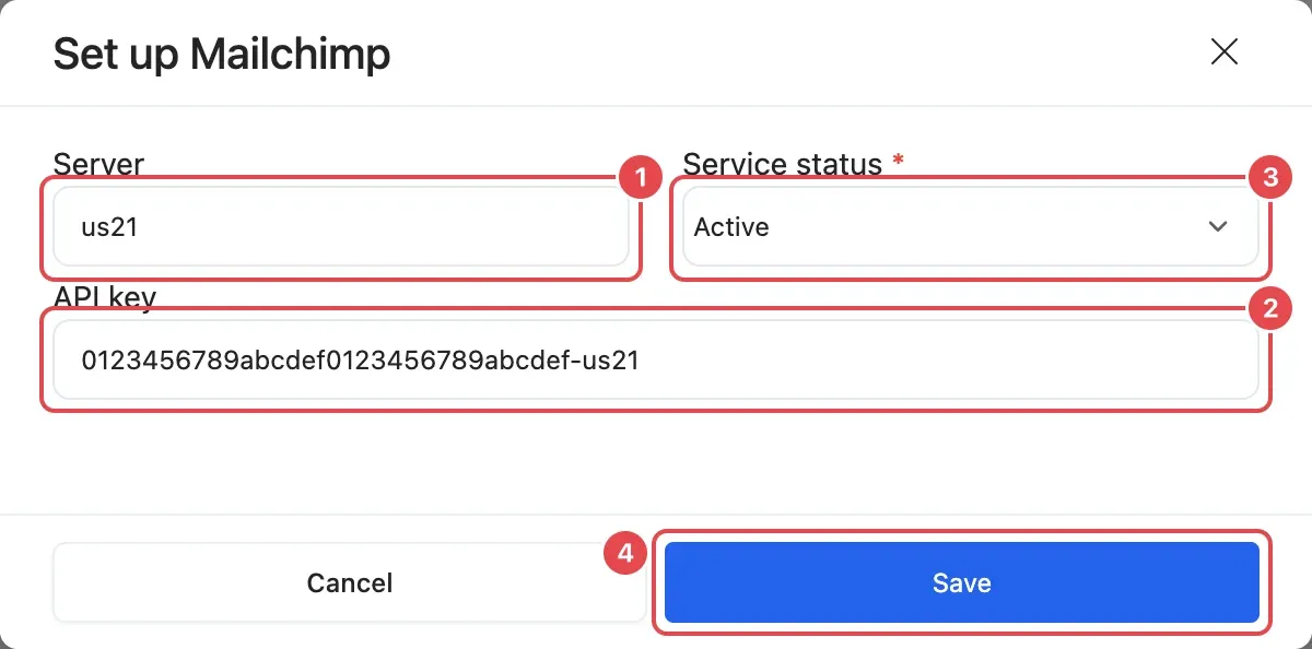 The Set up Mailchimp window with Server (1), API key (2), Service status (3) and Save (4)