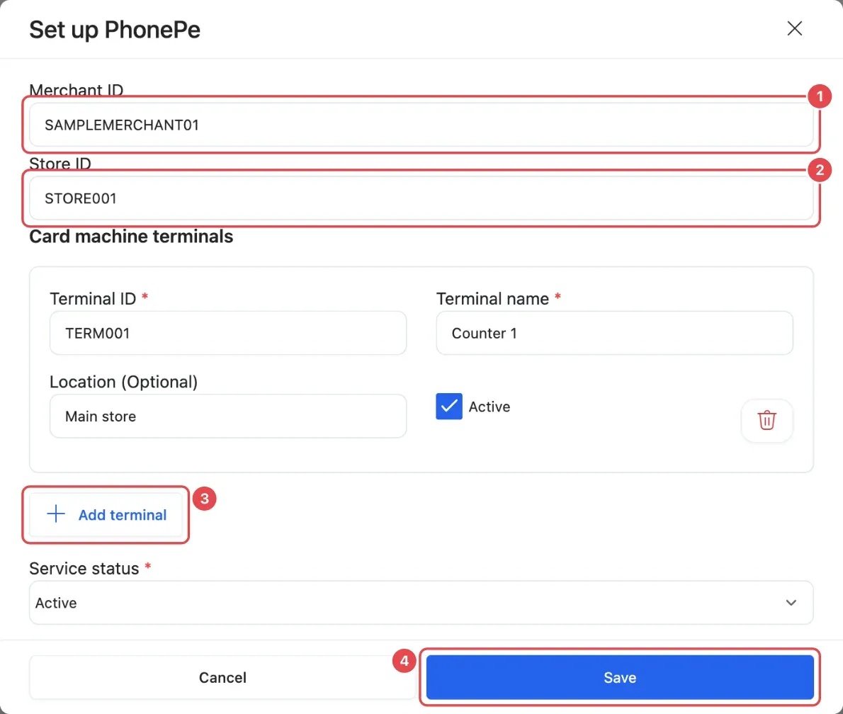 The Set up PhonePe window with Merchant ID (1), Store ID (2), Add terminal (3) and Save (4)