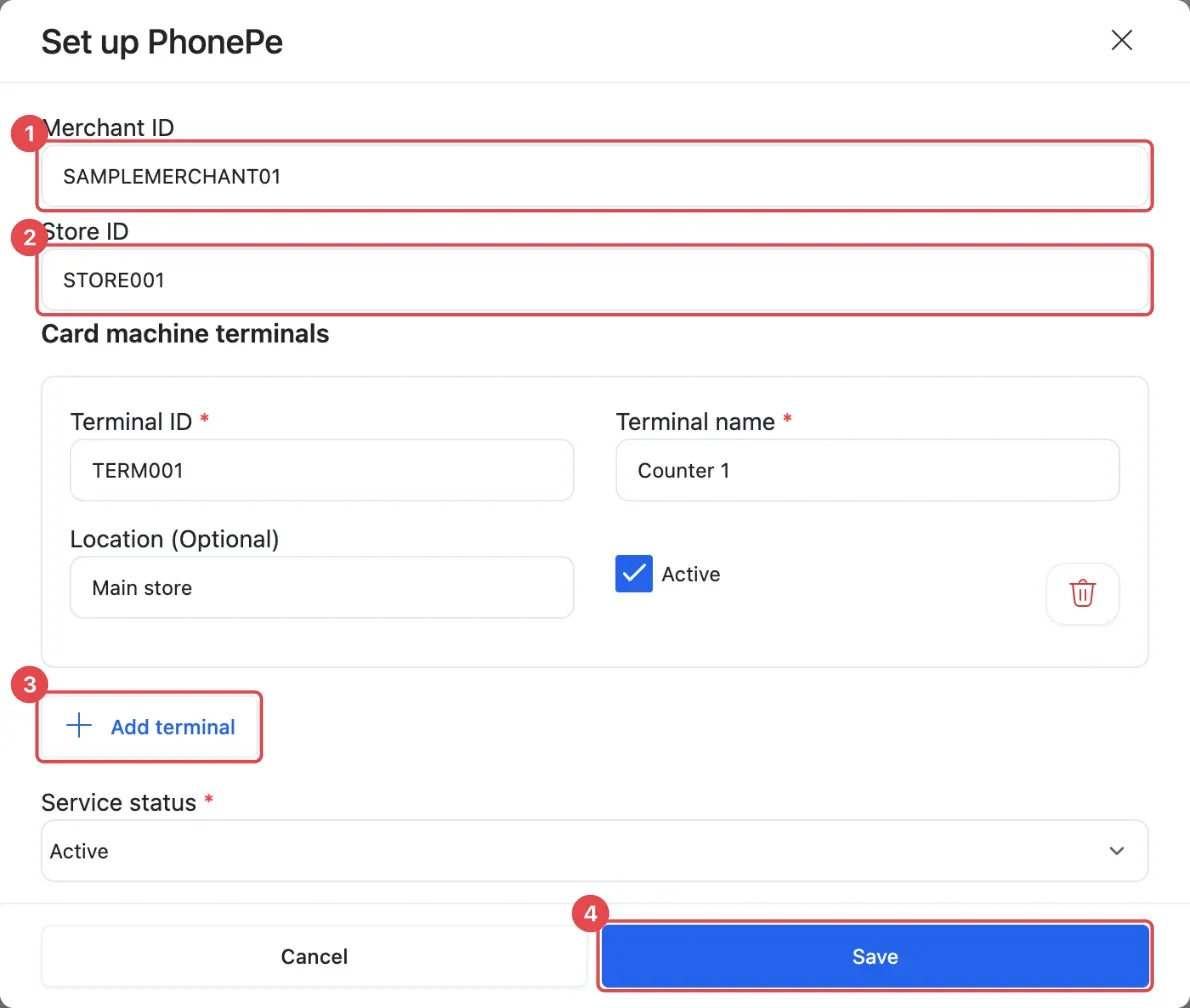 The Set up PhonePe window with Merchant ID (1), Store ID (2), Add terminal (3) and Save (4)