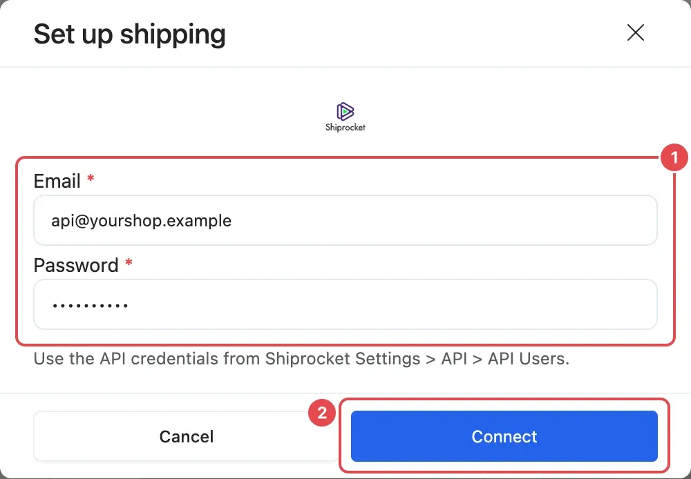 The Set up shipping window with the Shiprocket email and password fields (1) and the Connect button (2) marked