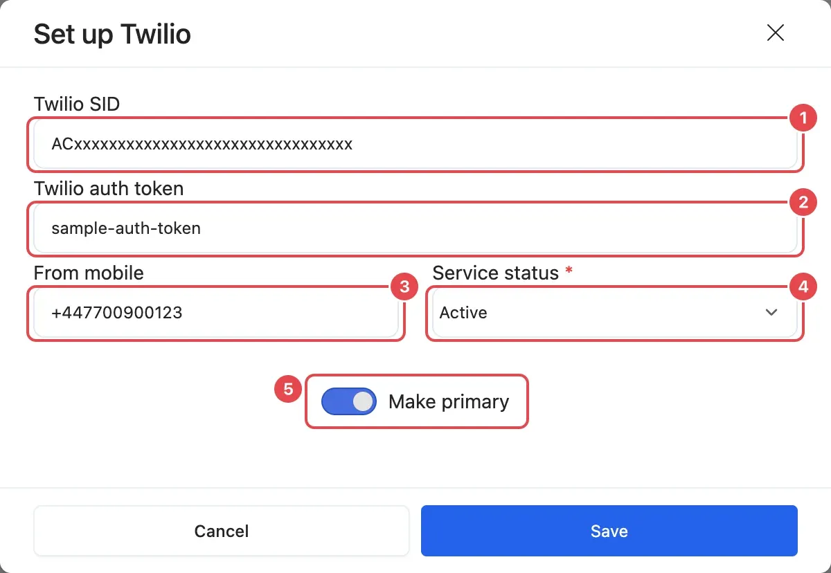 The Set up Twilio window with Twilio SID (1), Twilio auth token (2), From mobile (3), Service status (4) and Make primary (5)