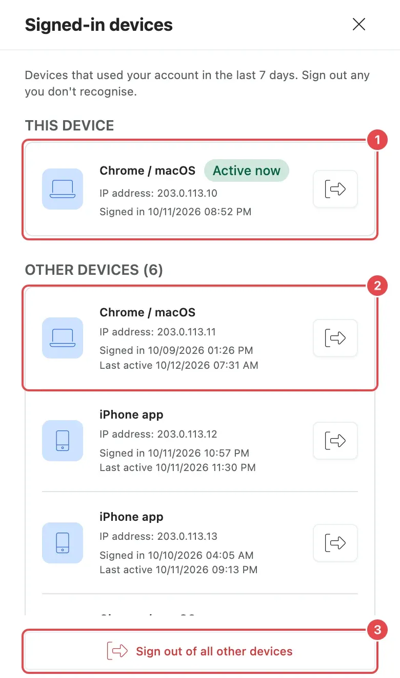 Signed-in devices on a phone: This device with Active now (1), another device with its Sign out button (2) and Sign out of all other devices (3)